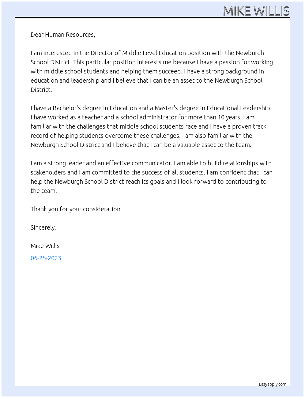Director of Middle Level Education At Newburgh School District Cover Letter