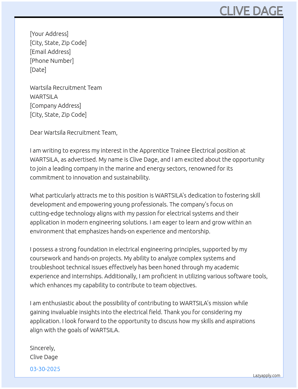 Applying for Apprentice Trainee Electrical At WARTSILA Apprentice Trainee Electrical Cover Letter