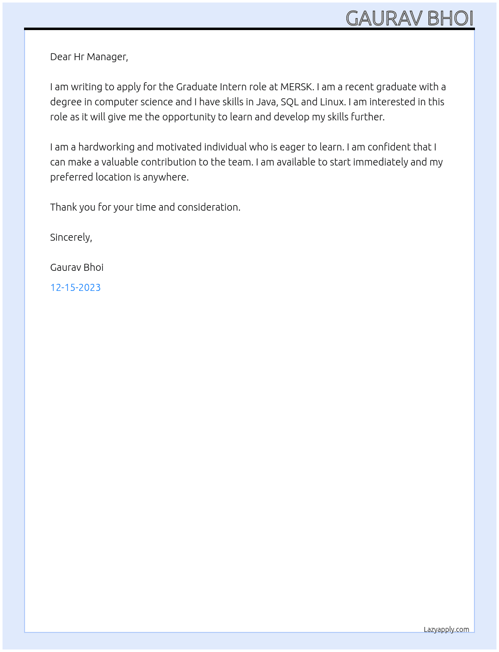 Graduate intern At MERSK Cover Letter