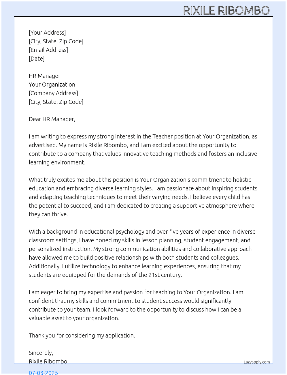 Teacher At Your organization  Cover Letter