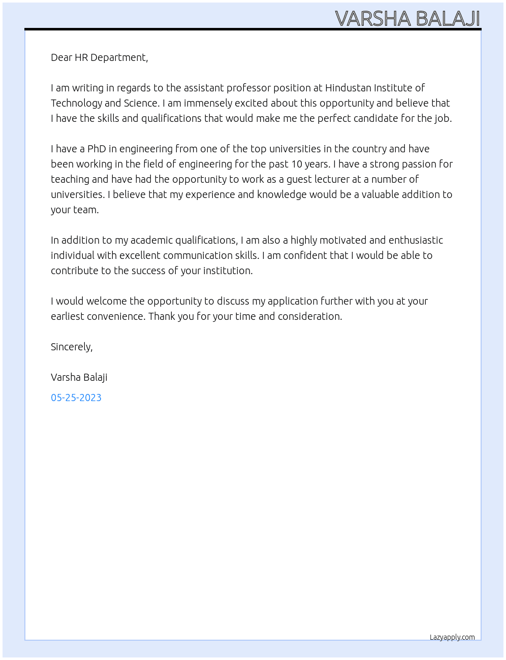 assistant professor At HINDUSTAN INSTITUTE OF TECHNOLOGY AND SCIENCE Cover Letter