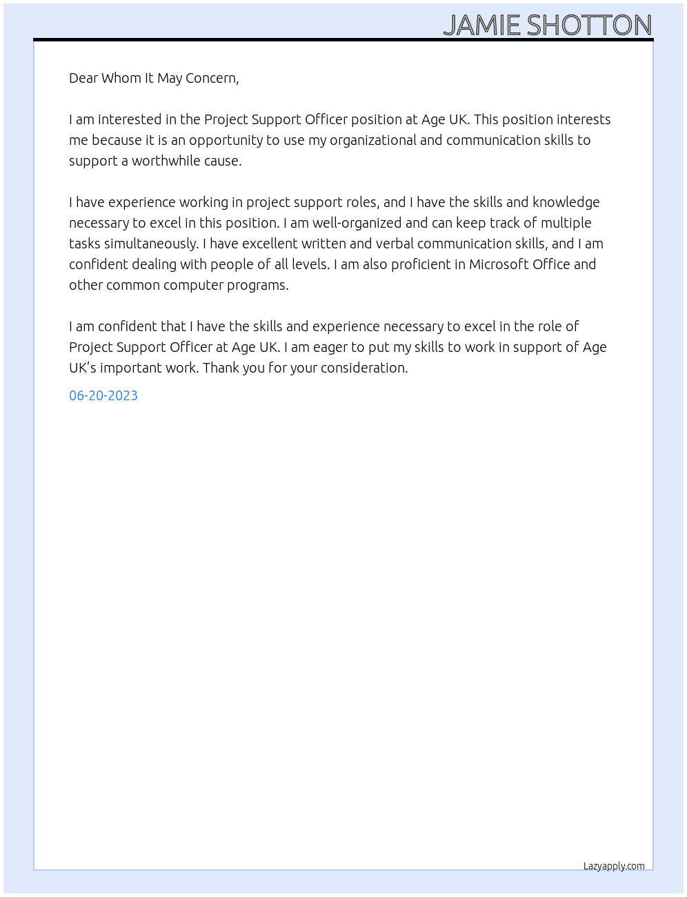Project Support Officer At Age UK Cover Letter