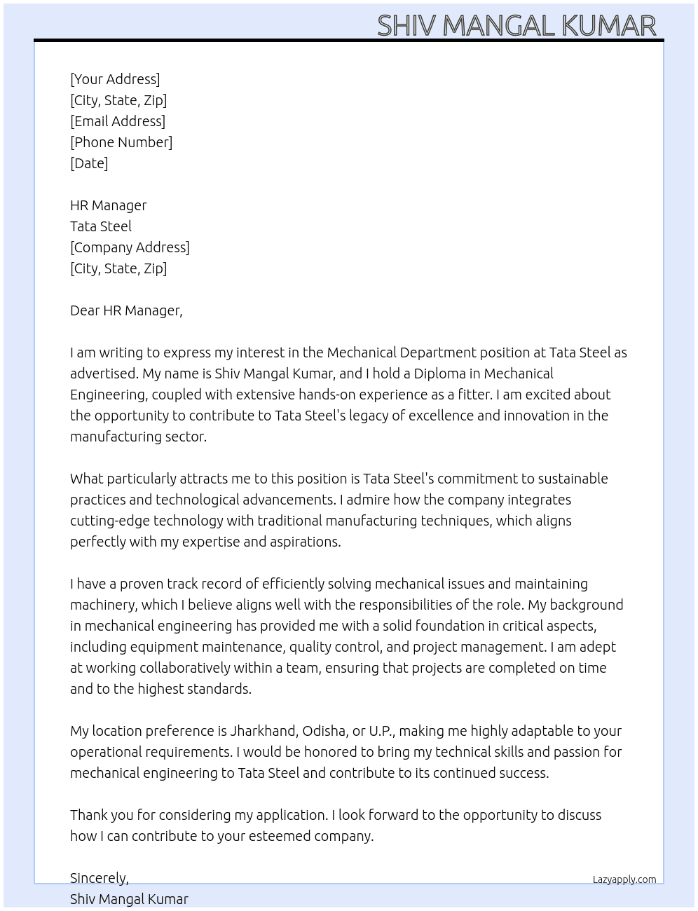 Mechanical Department  At Tata Steel  Cover Letter