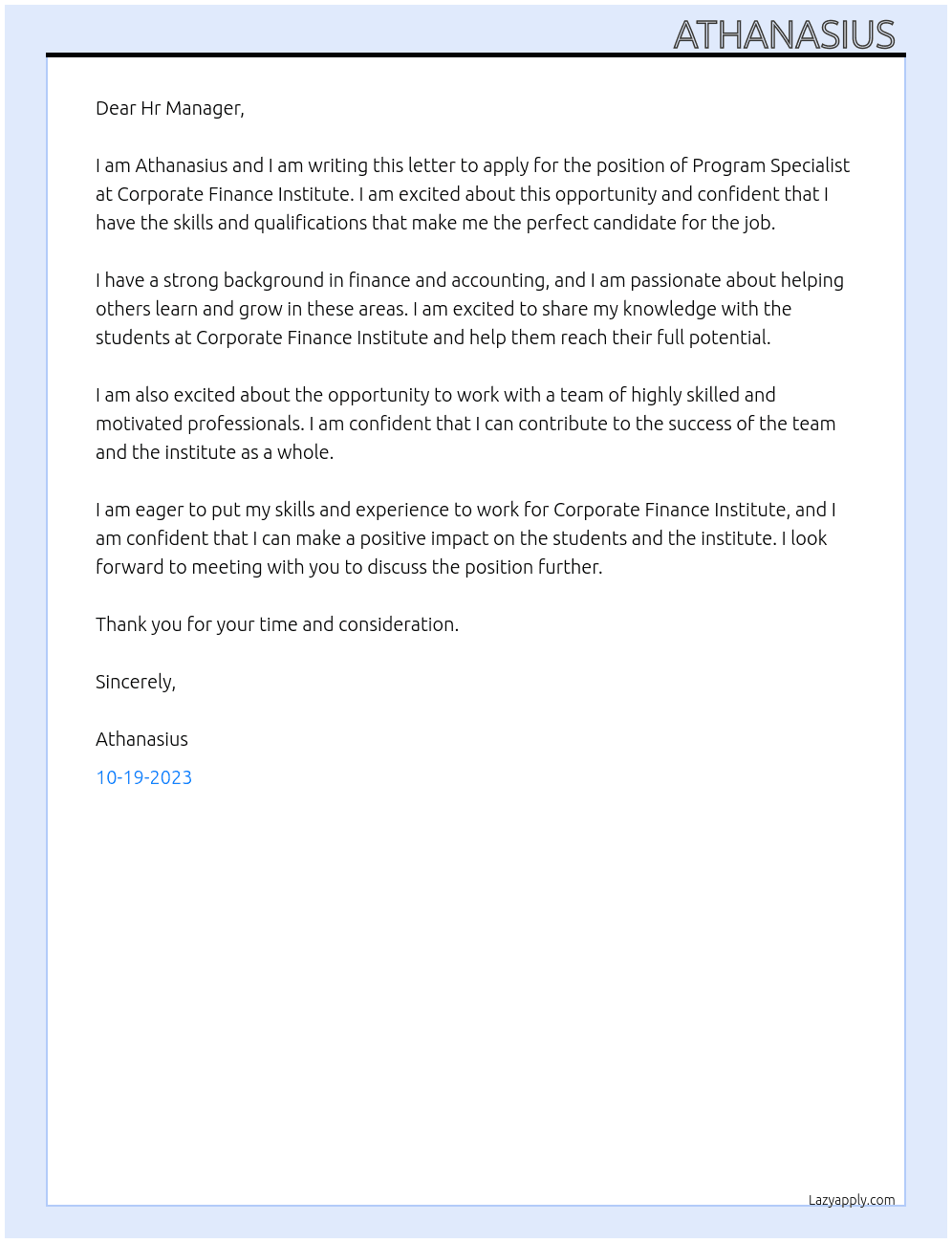 Program Specialist  At Corporate Finance Institute  Cover Letter