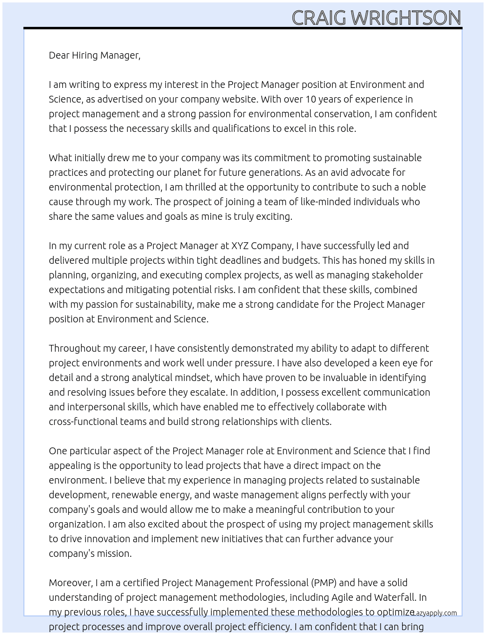Project Manager At Environment and Science Cover Letter