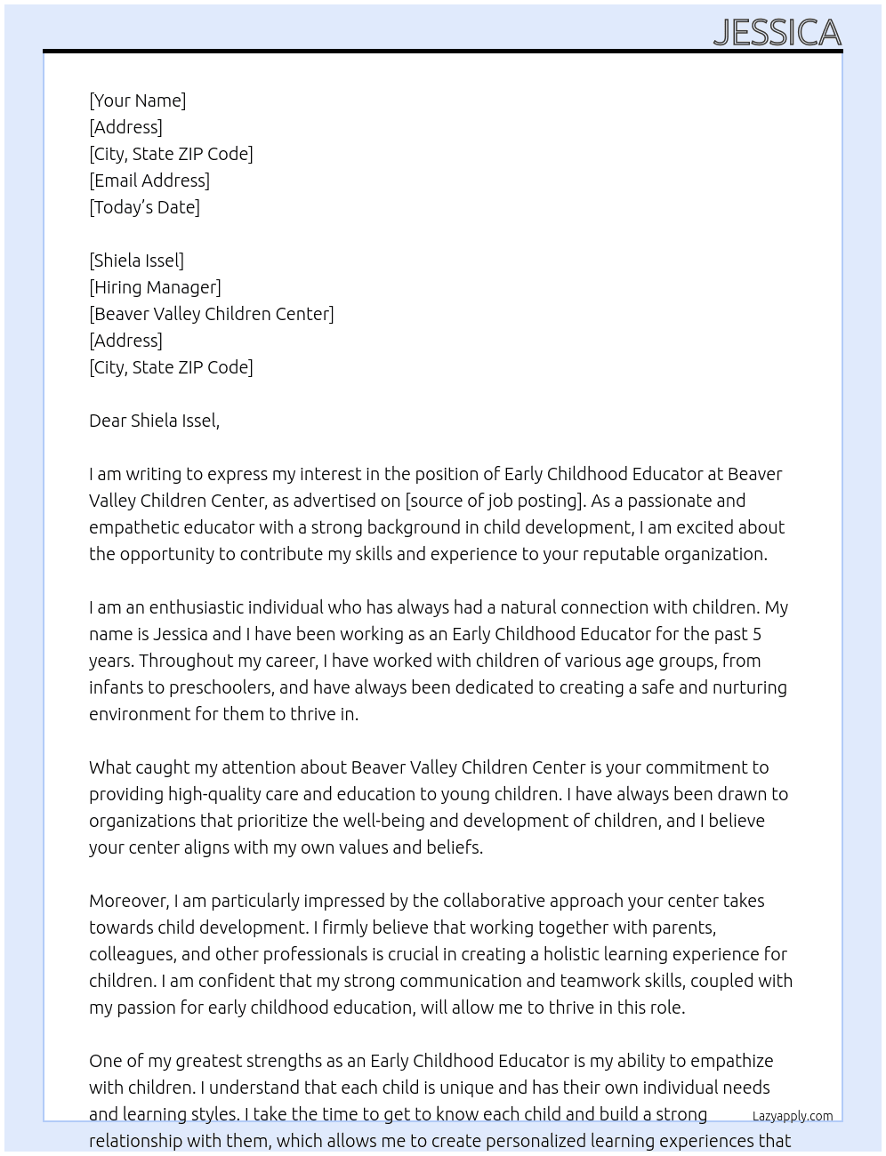 Early Childhood Educator  At Beaver Valley Children Center Cover Letter