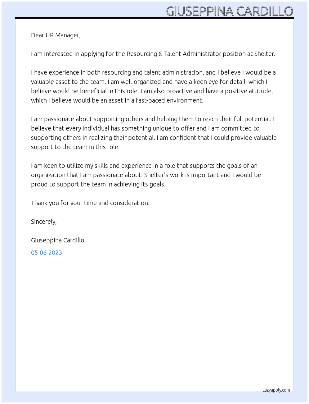 Resourcing & Talent Administrator At Shelter  Cover Letter