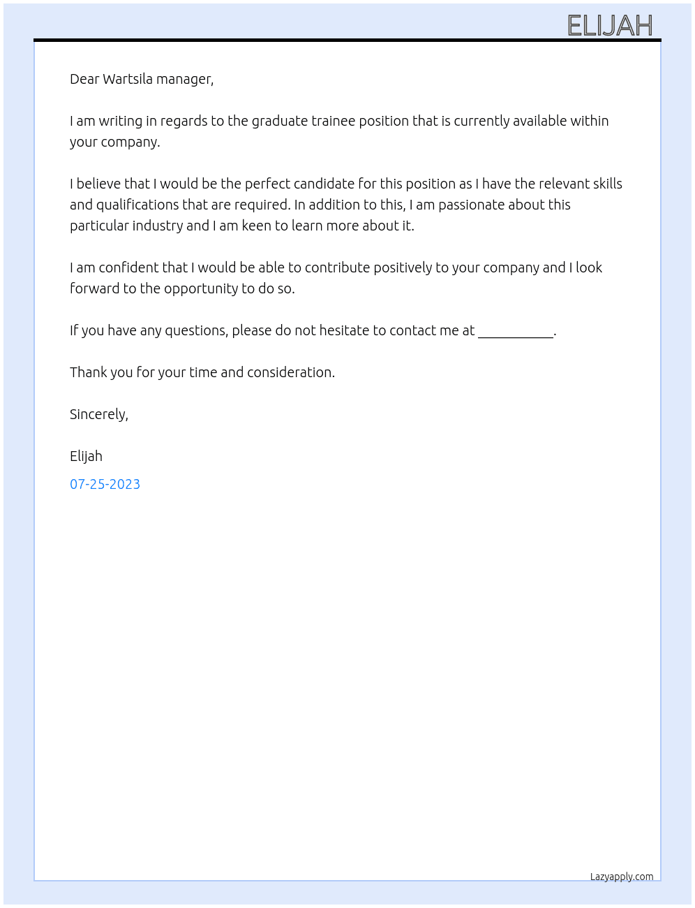 Graduate trainee  At Wartsila  Cover Letter