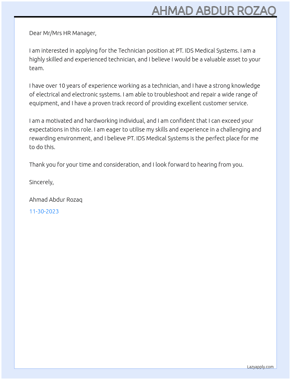 Technician At PT. IDS Medical Systems Cover Letter