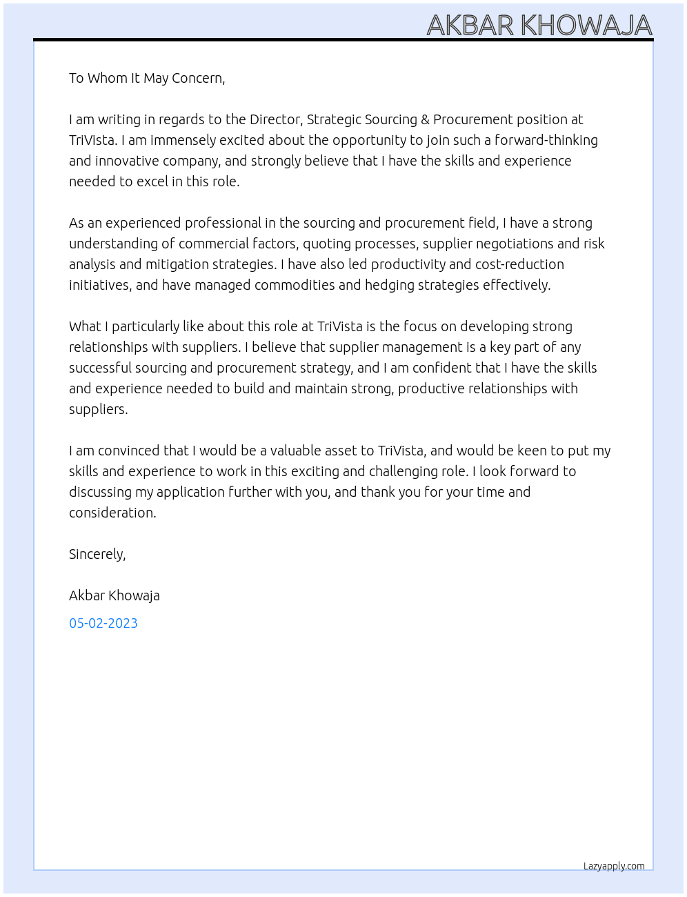 Director, Strategic Sourcing & Procurement At TriVista  Cover Letter