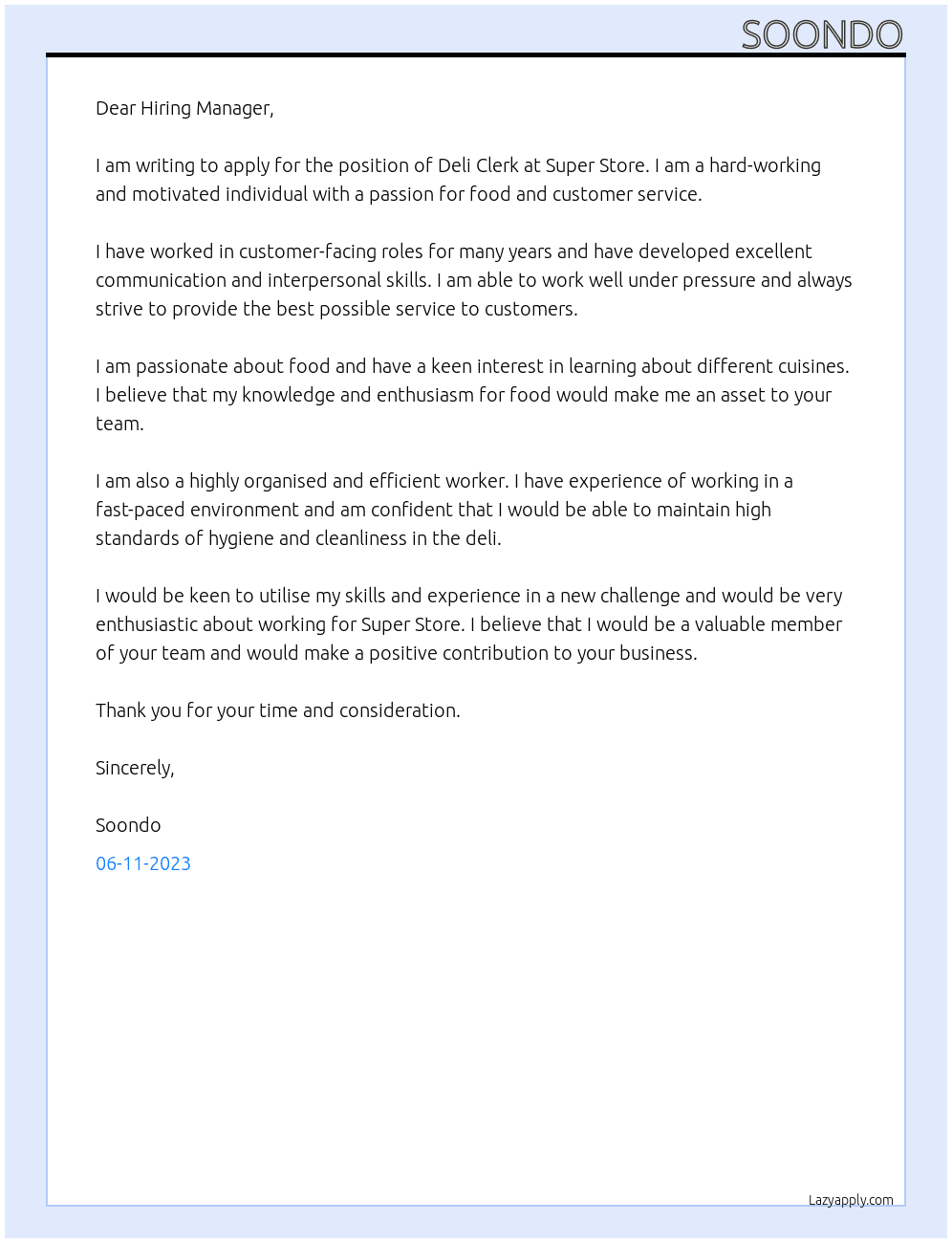 Deli clerk At Super Store Cover Letter