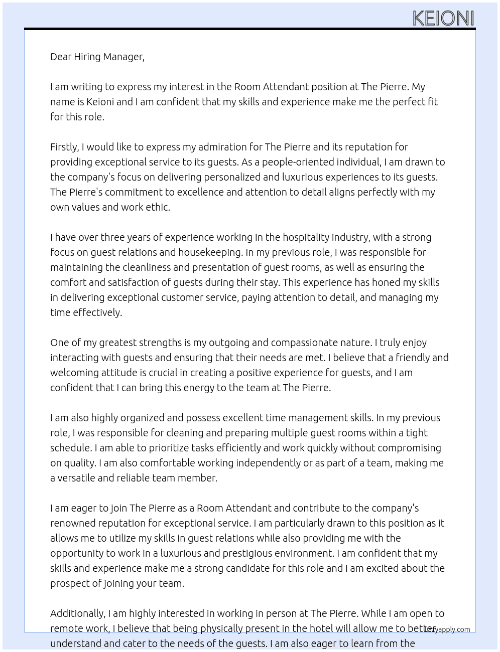 Room Attendant At The Pierre Cover Letter
