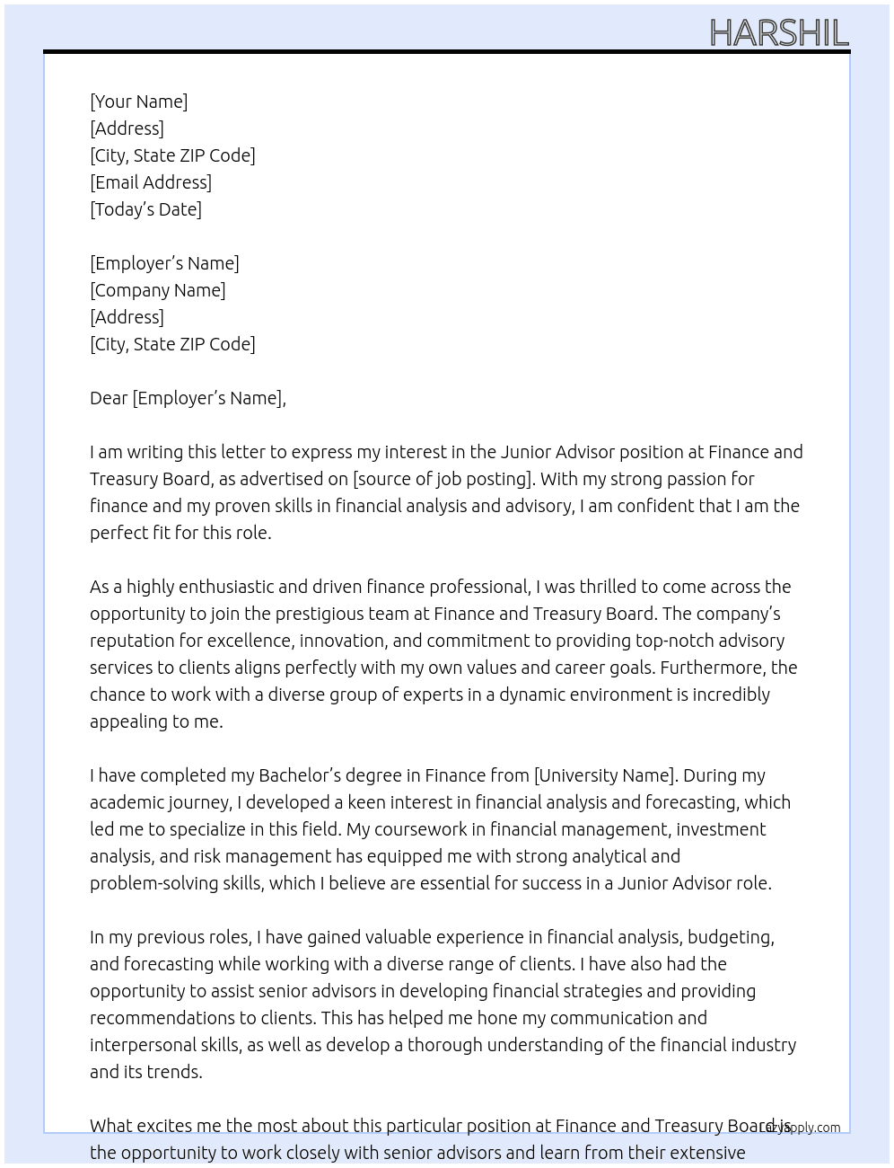 Junior Advisor At Finance and treasury board  Cover Letter