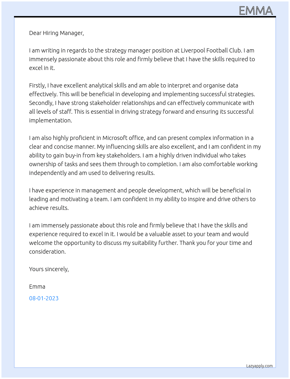 Strategy manager At Liverpool Football Club Cover Letter