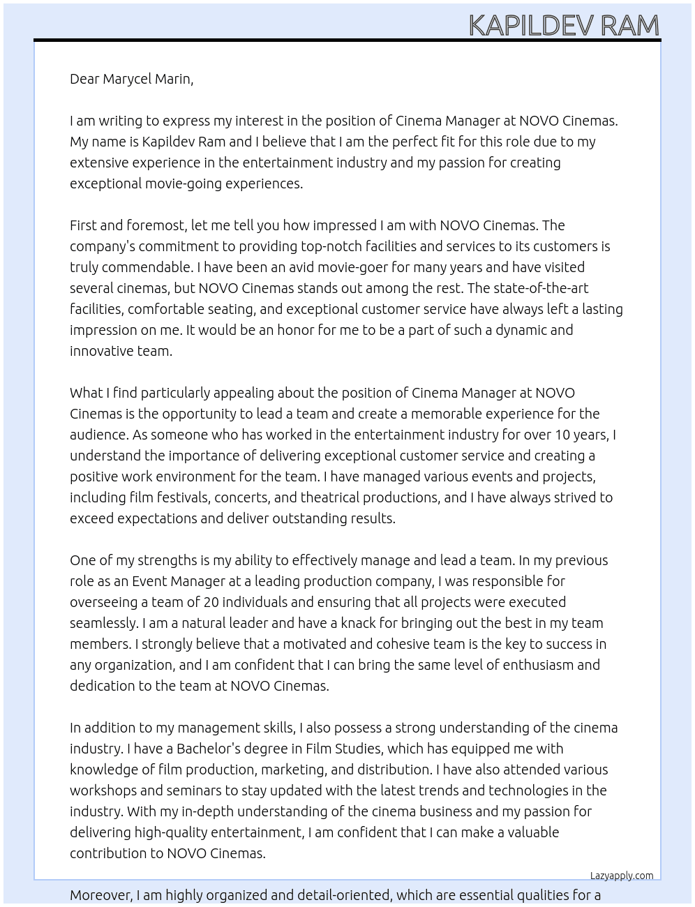 Cinema Manager  At NOVO Cinemas  Cover Letter