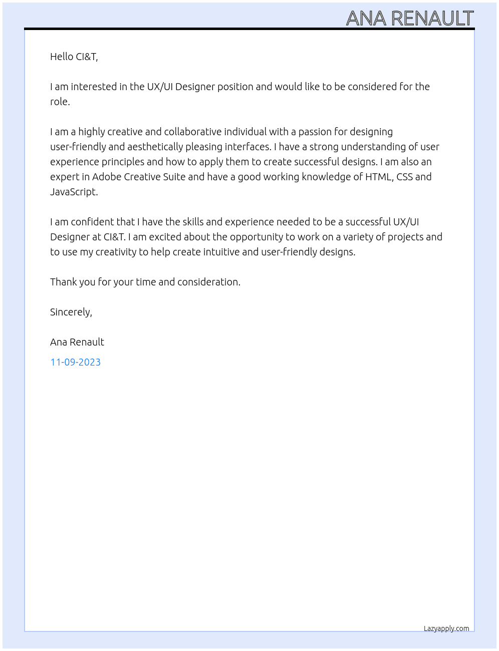 UX/UI Designer At CI&T Cover Letter