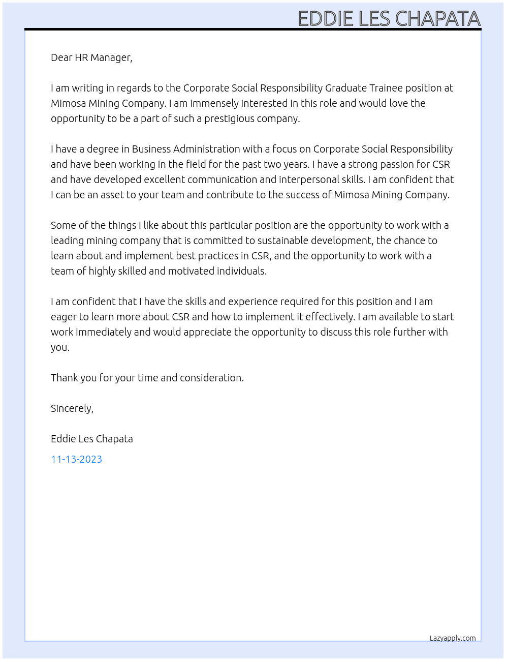 Corporate Social Responsibility Graduate Trainee  At Mimosa Mining Company Cover Letter