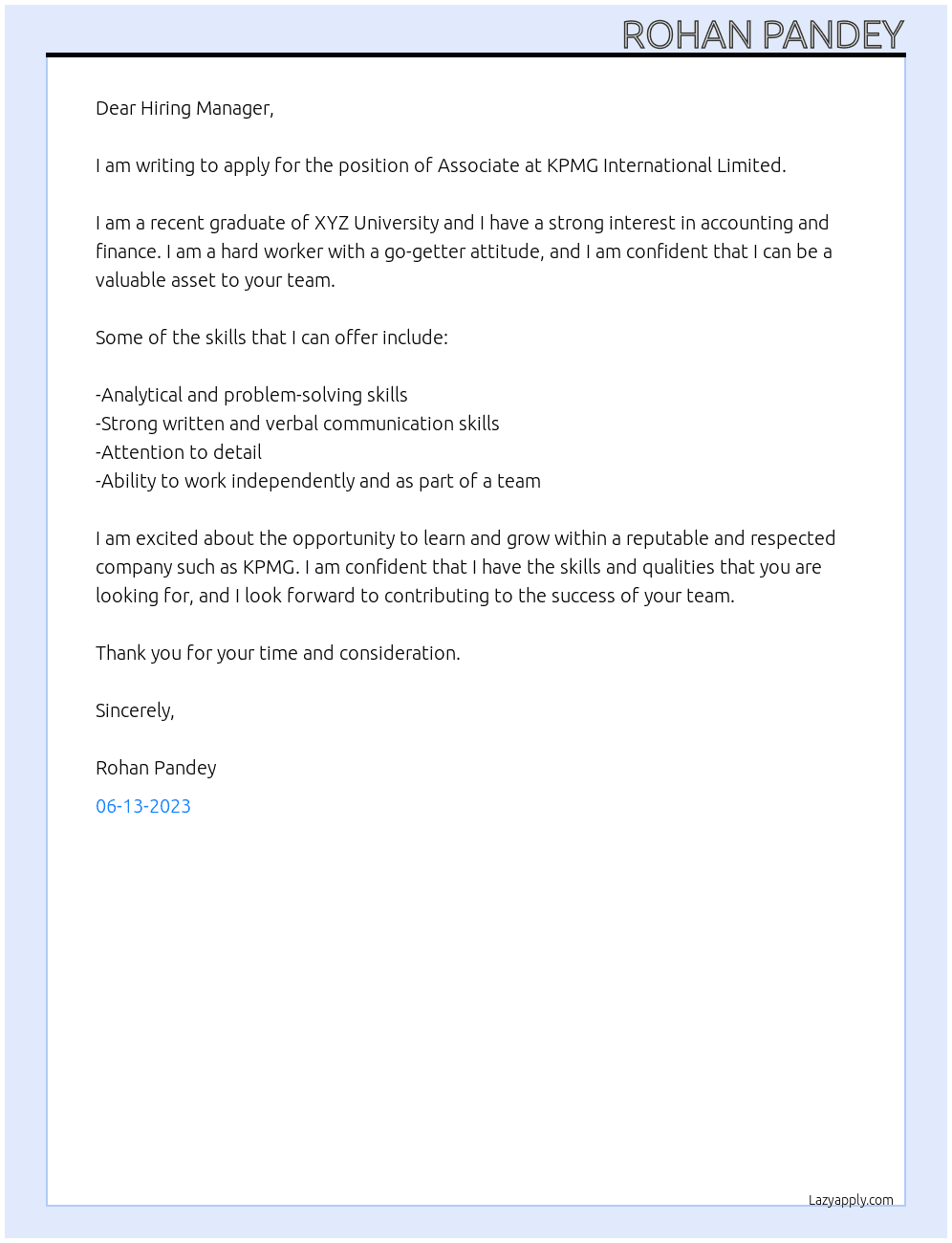 Associate At KPMG International Limited Cover Letter