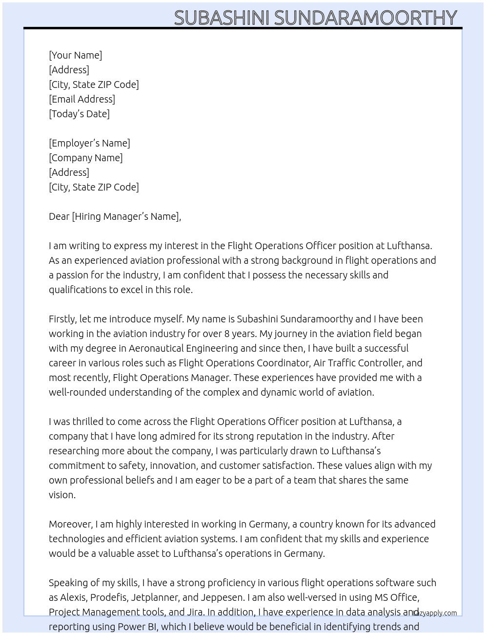 flight operations Officer At Lufthansa  Cover Letter