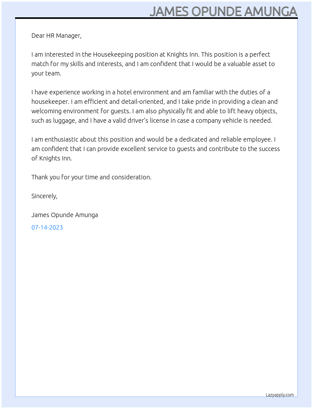 Housekeeping  At Knights inn Cover Letter