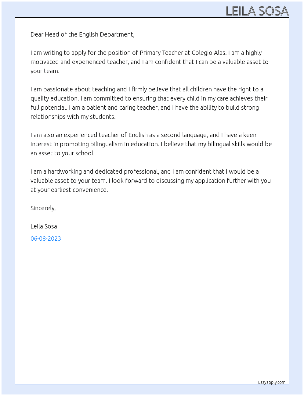 Primary Teacher  At Colegio Alas Cover Letter