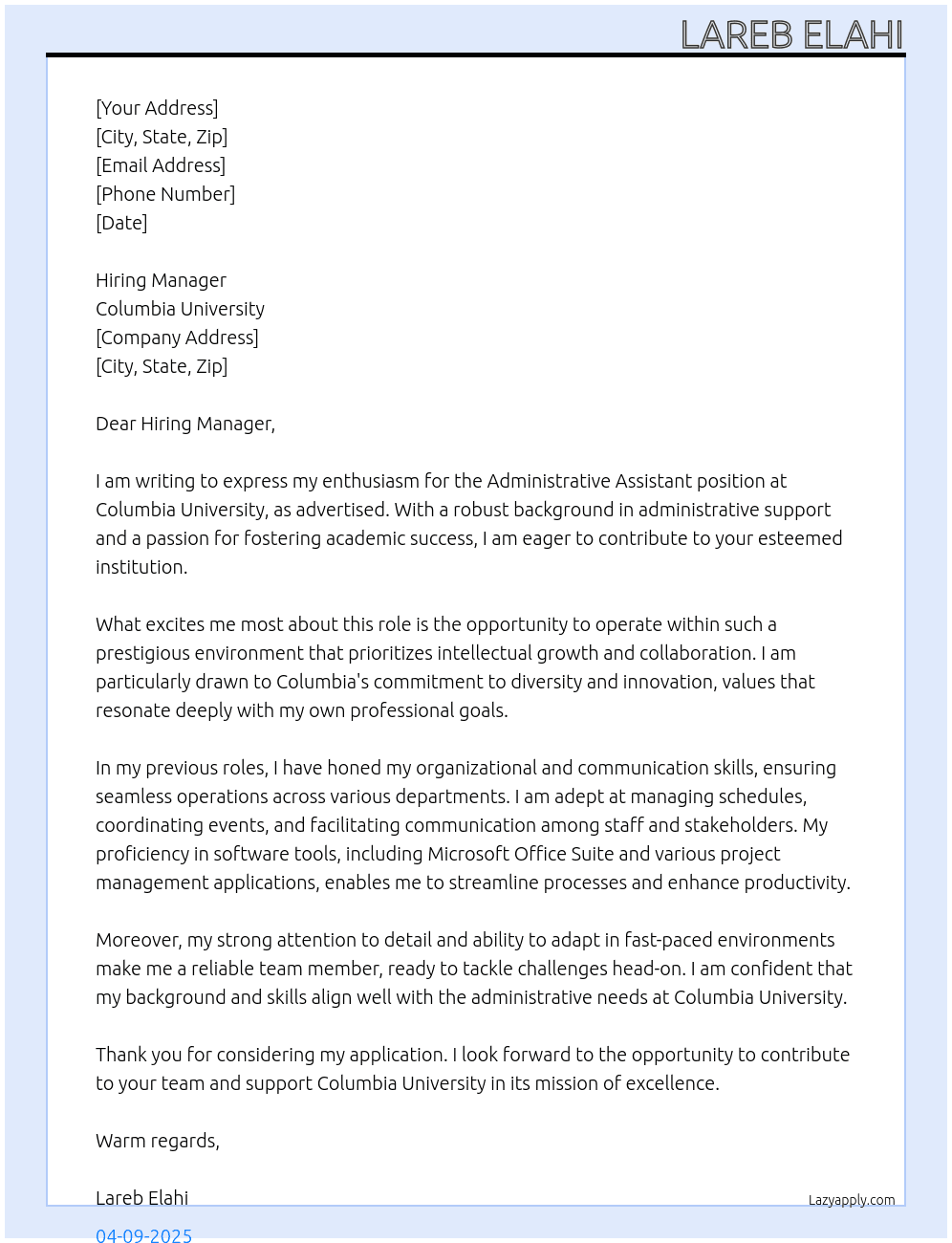 Administrative Assistant At Columbia University Cover Letter