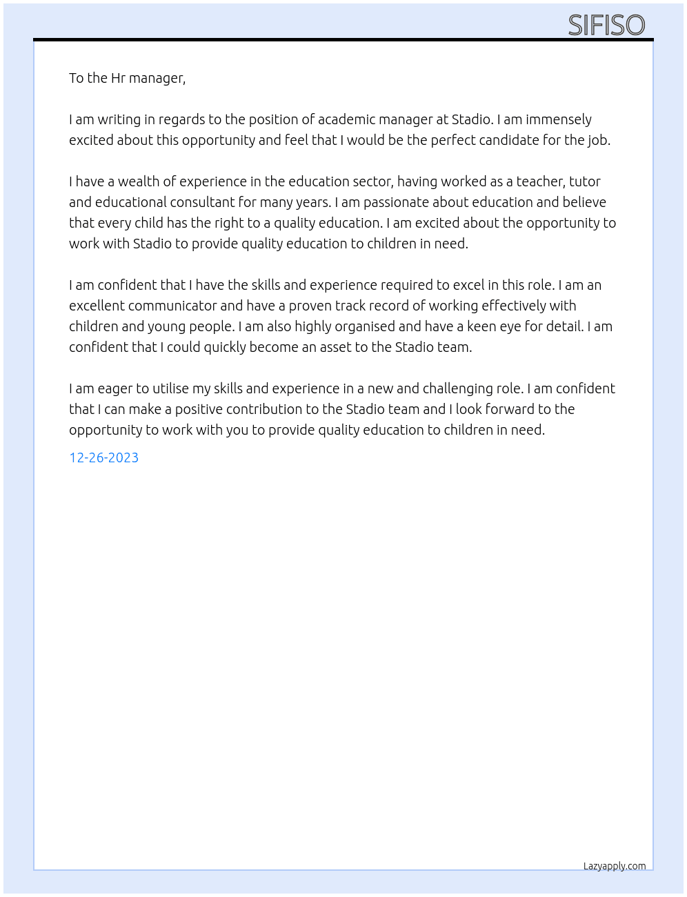 Academic manager At Stadio Cover Letter