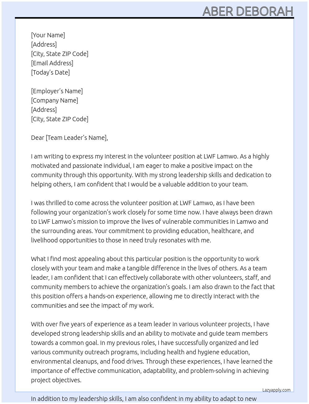 Voulnteer  At LWF Lamwo Cover Letter