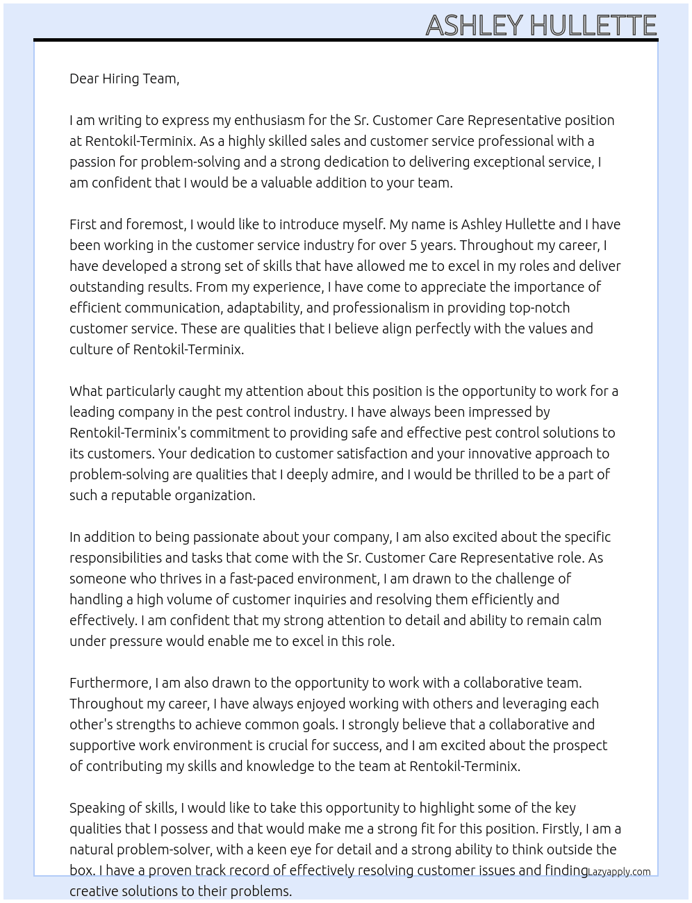 Sr. Customer Care Representative At Rentokil-Terminix Cover Letter