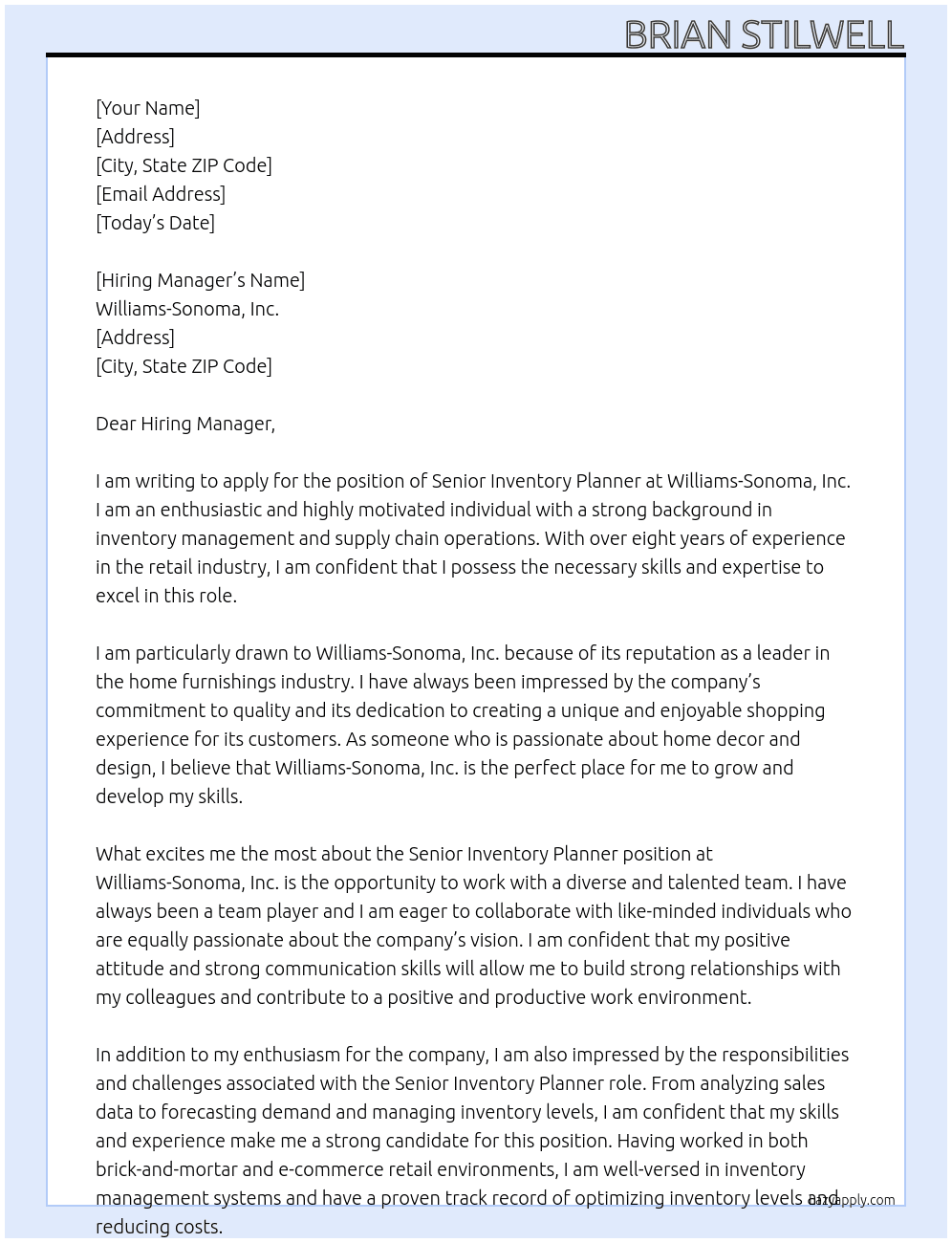 Senior inventory Planner At Williams-Sonoma, Inc Cover Letter