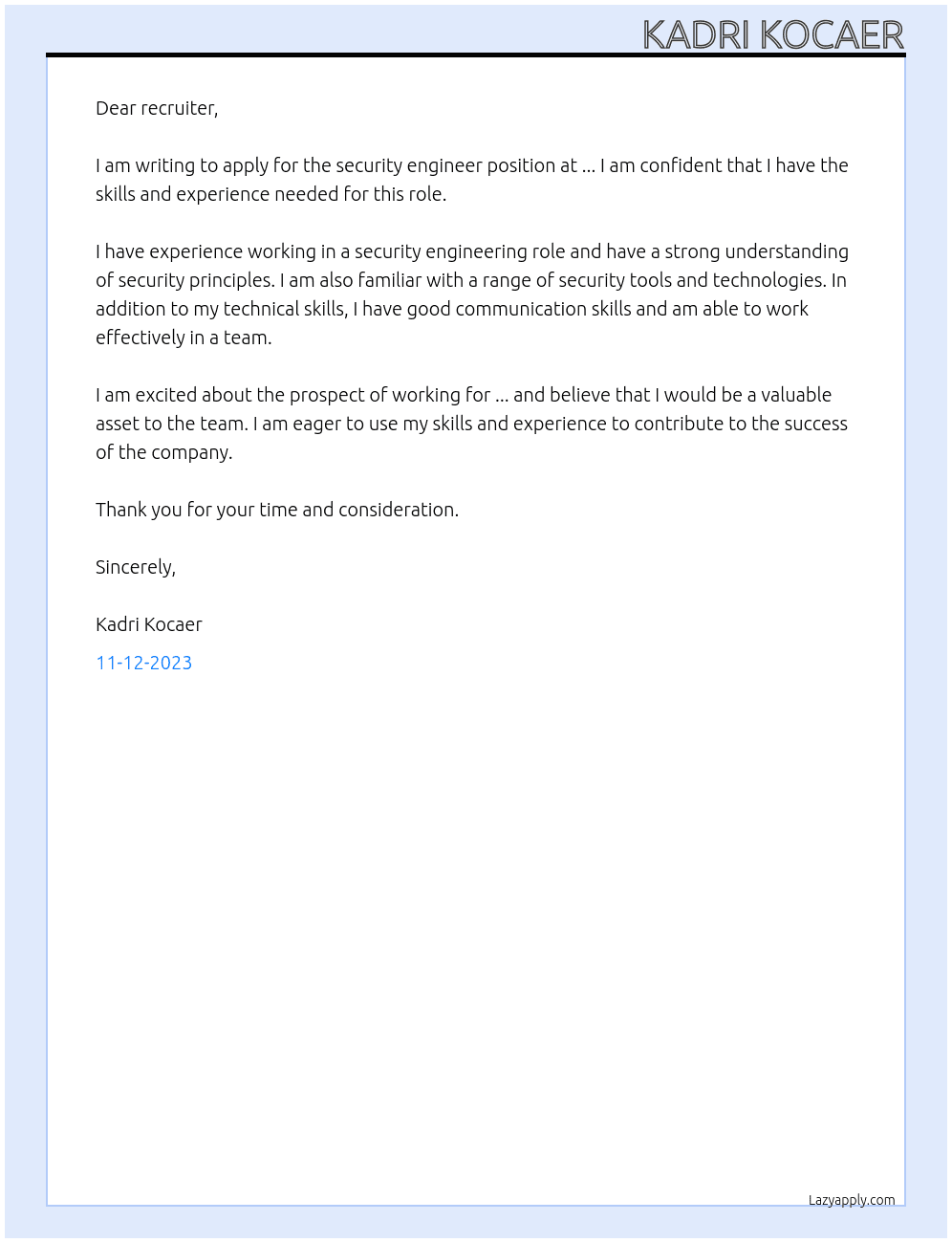 security engineer At ... Cover Letter