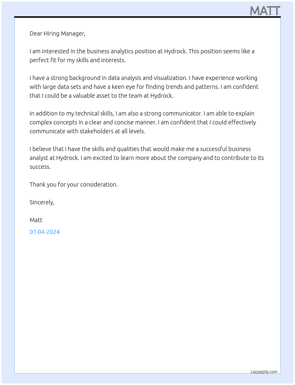 Business analytics At Hydrock Cover Letter
