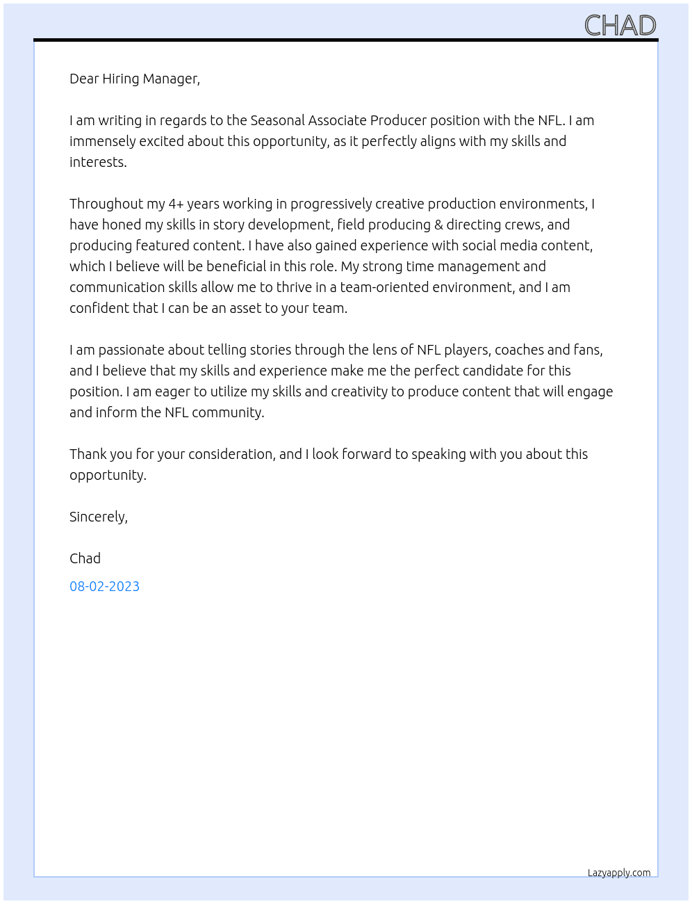 Seasonal Associate Producer  At NFL Cover Letter