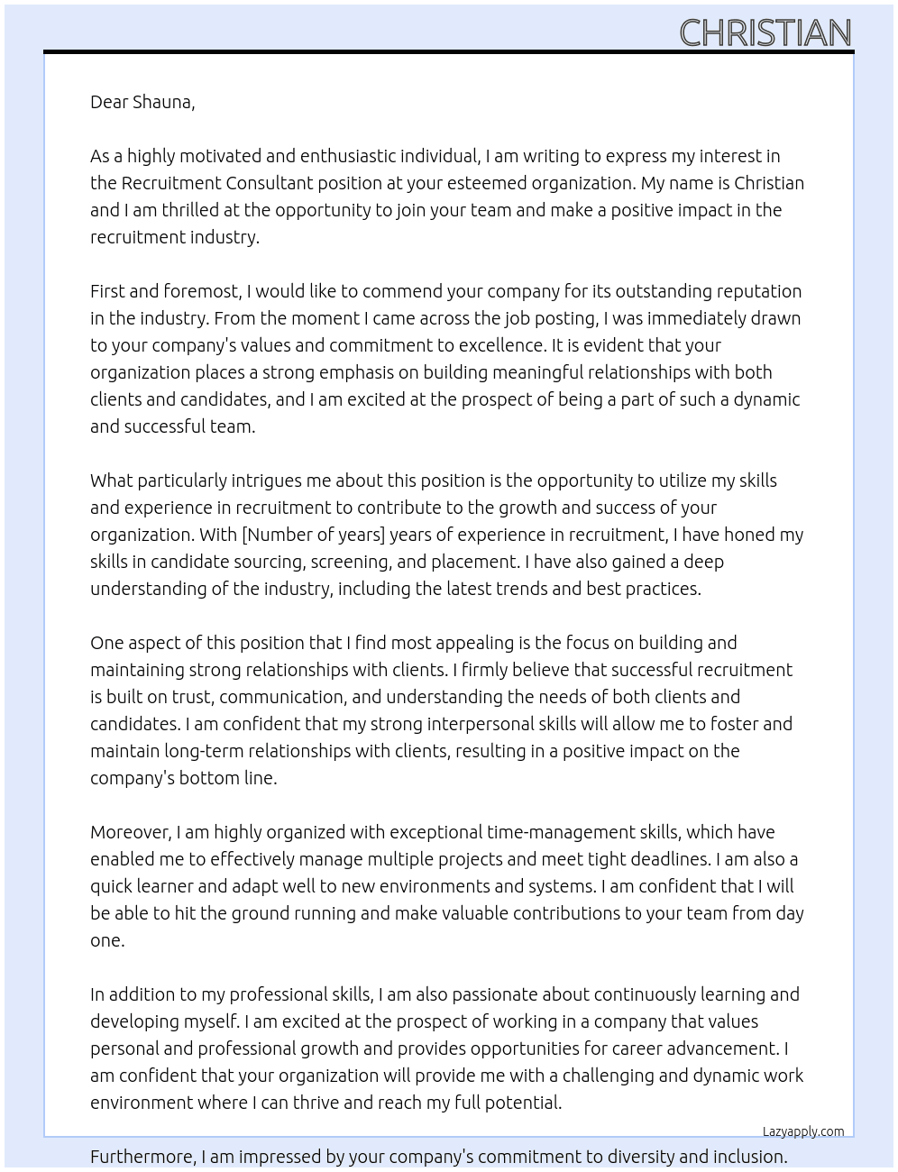 Recruitment Consultant At SHAUNA Cover Letter
