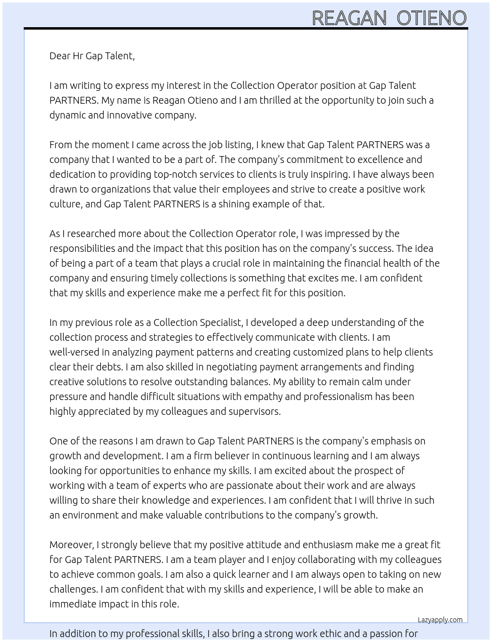 Collection Operator At Gap Talent PARTNERS Cover Letter