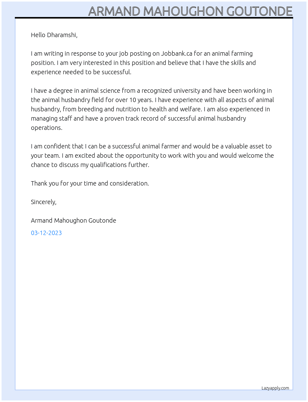 animal farming At JOBBANK.CA Cover Letter