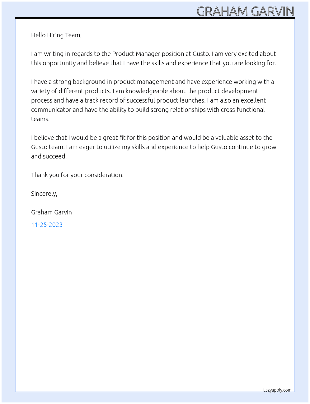 Product Manager At gusto Cover Letter