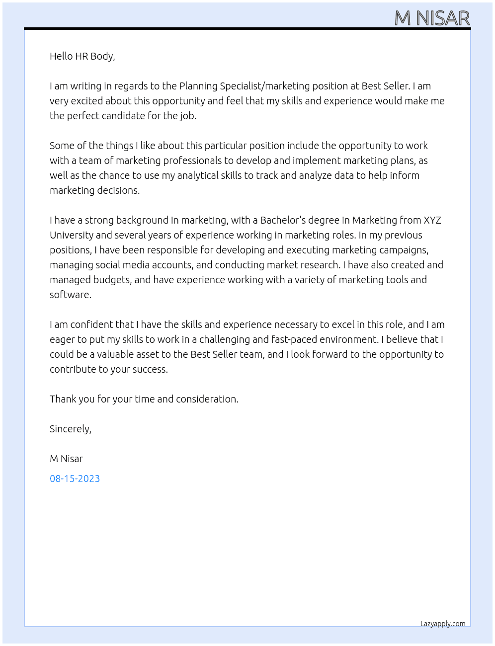 Planning Specialist/marketing  At Best Seller  Cover Letter