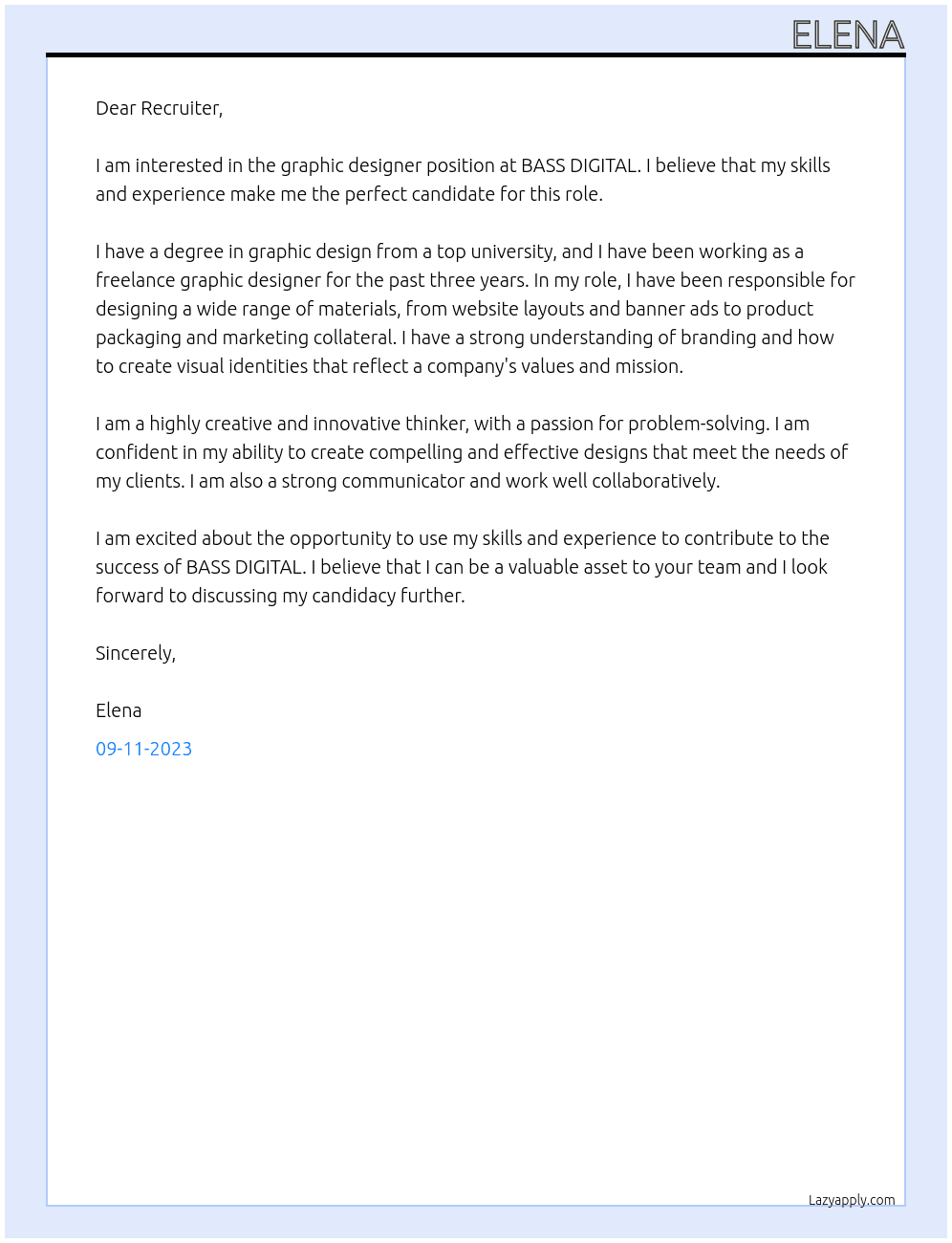 graphic designer At BASS DIGITAL Cover Letter