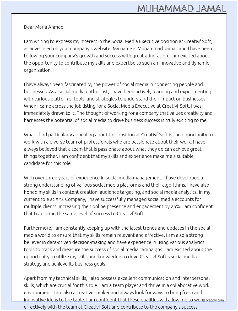 social media executive At Creativf Soft Cover Letter