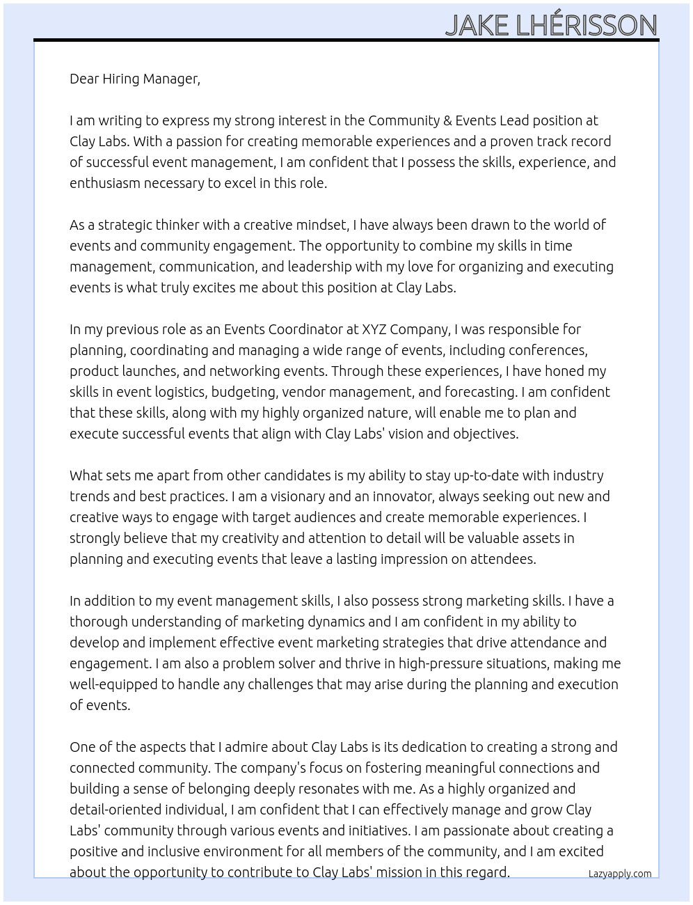 Community & Events Lead At Clay Labs Cover Letter