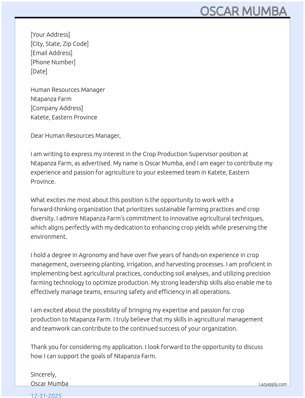 Crop production supervisor  At Ntapanza Farm  Cover Letter