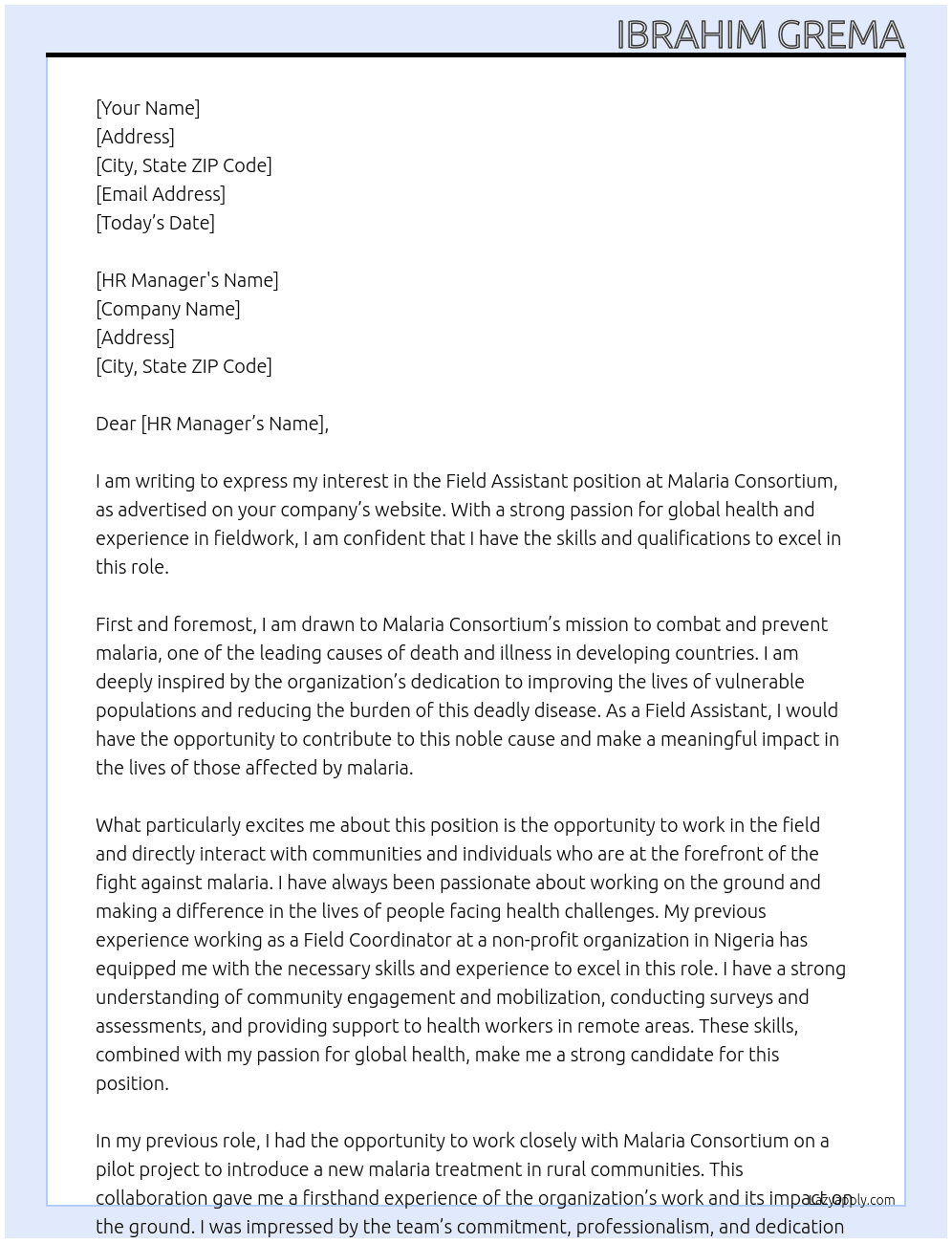 Field Assistant  At Malaria Consortium  Cover Letter