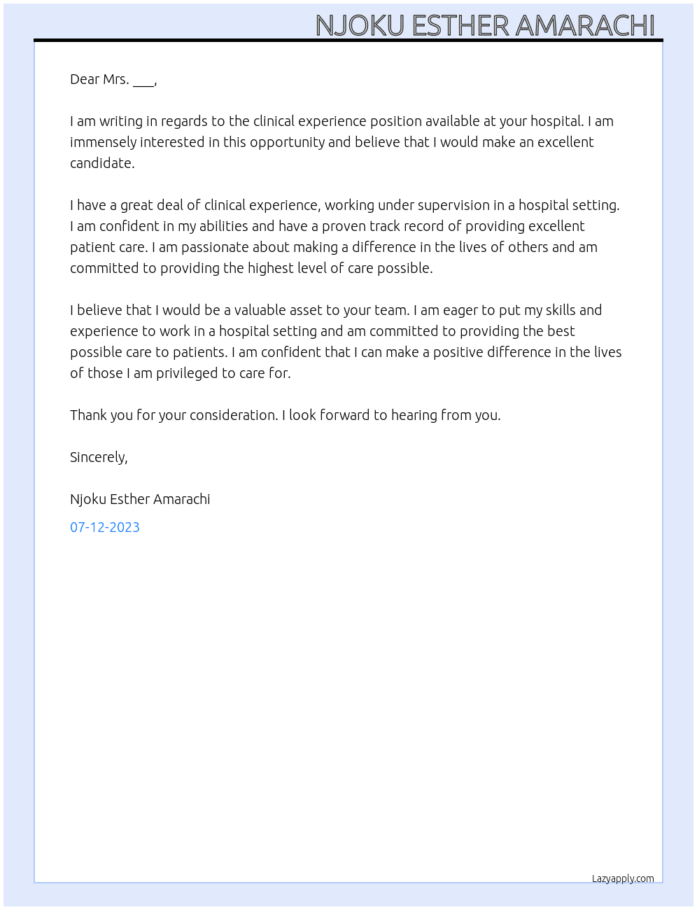 Clinical experience working under supervision in a hospital At Clinical experience  Cover Letter