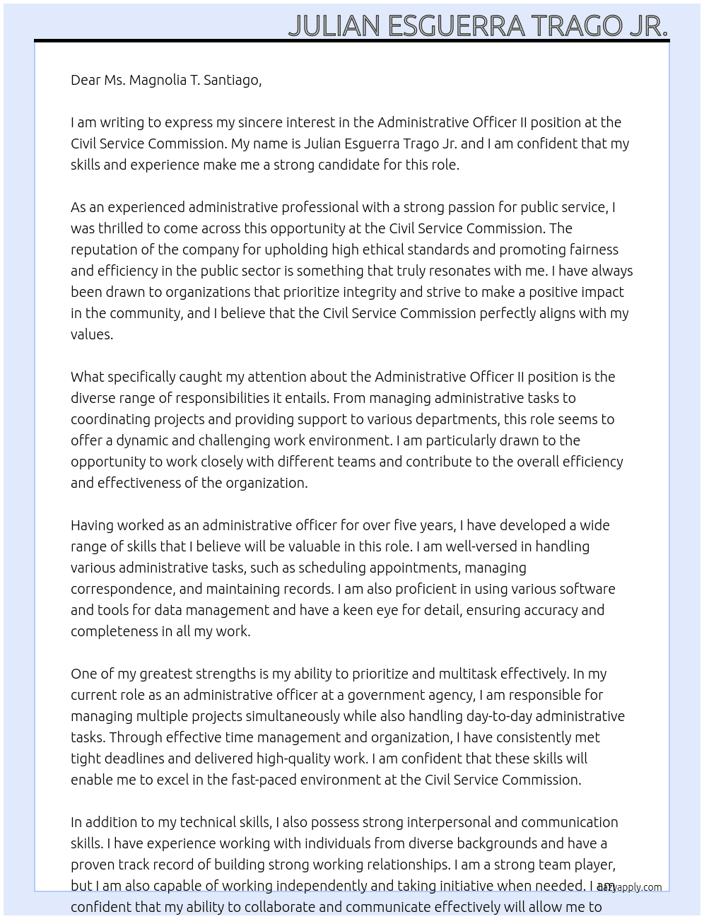 Administrative Officer II At Civil Service Commision Cover Letter
