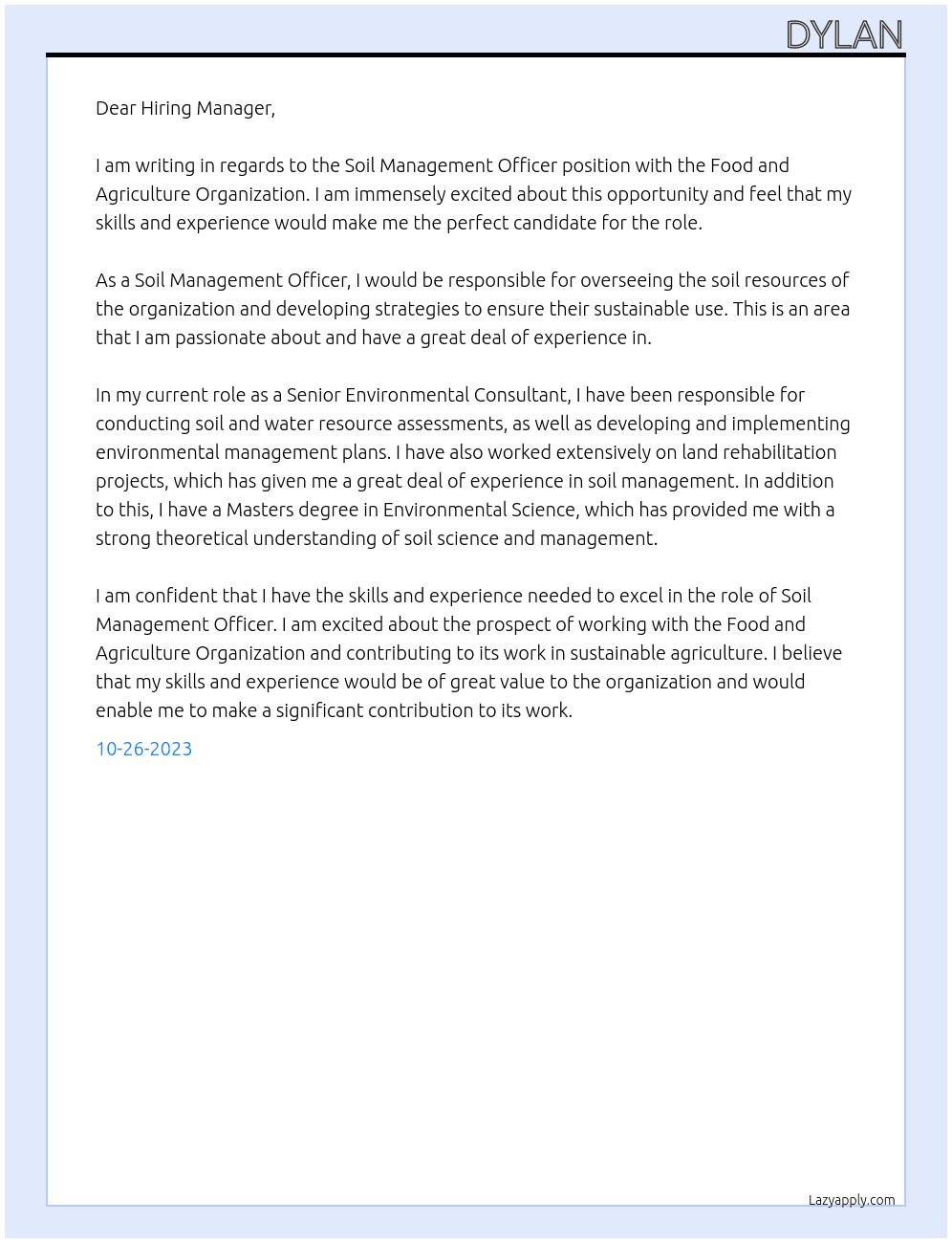 Soil management officer At Food and Agriculture Organization Cover Letter