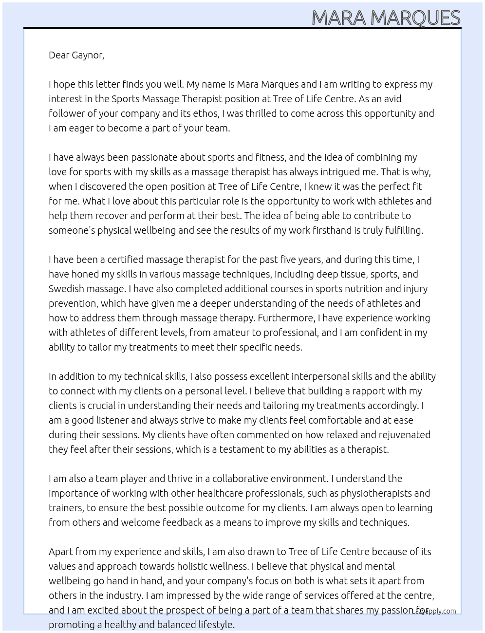 Sports Massage Therapist At Tree of Life Centre Cover Letter