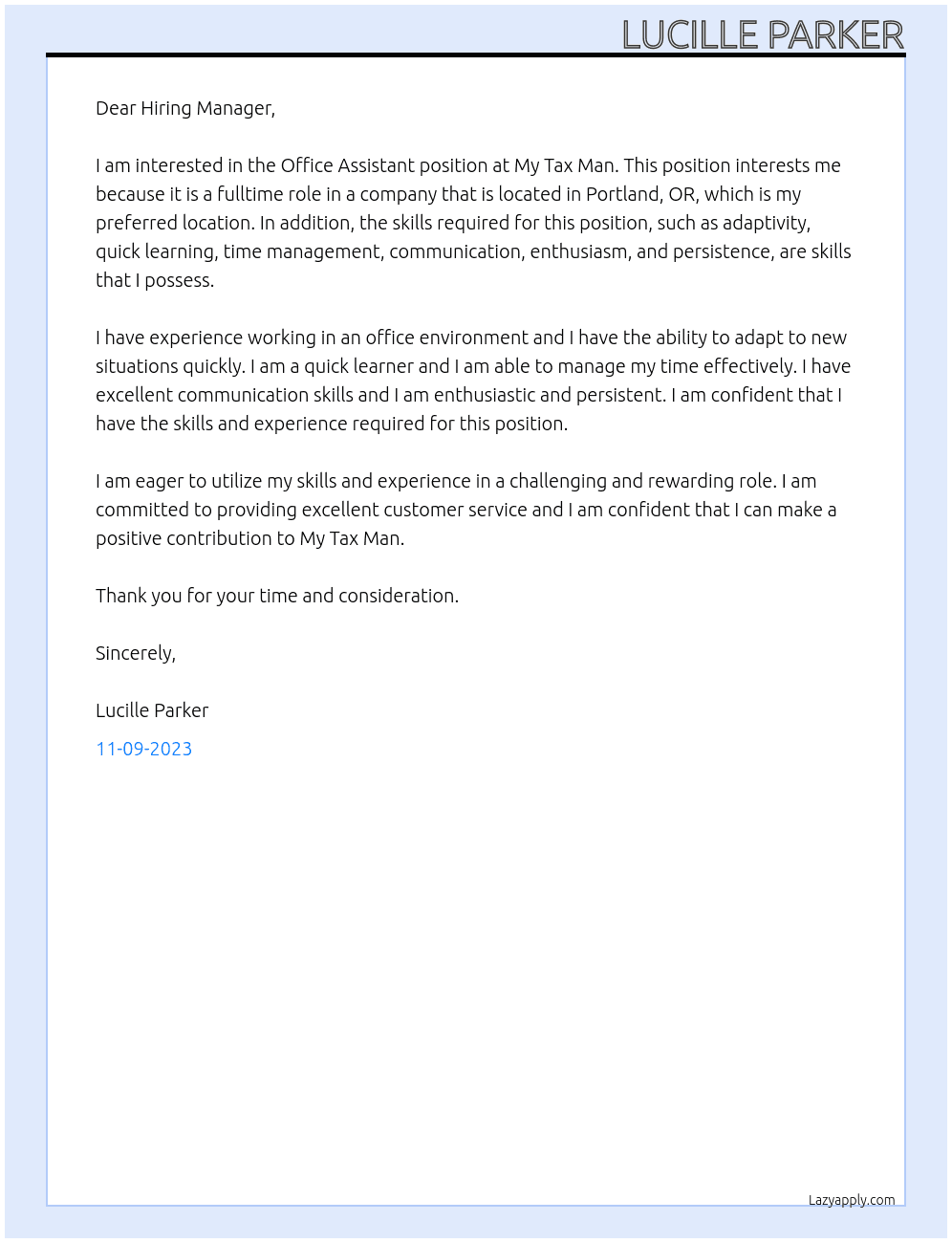 Office Assistant At My Tax Man Cover Letter