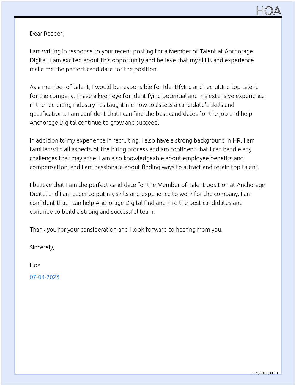 Member of Talent At Anchorage Digital Cover Letter