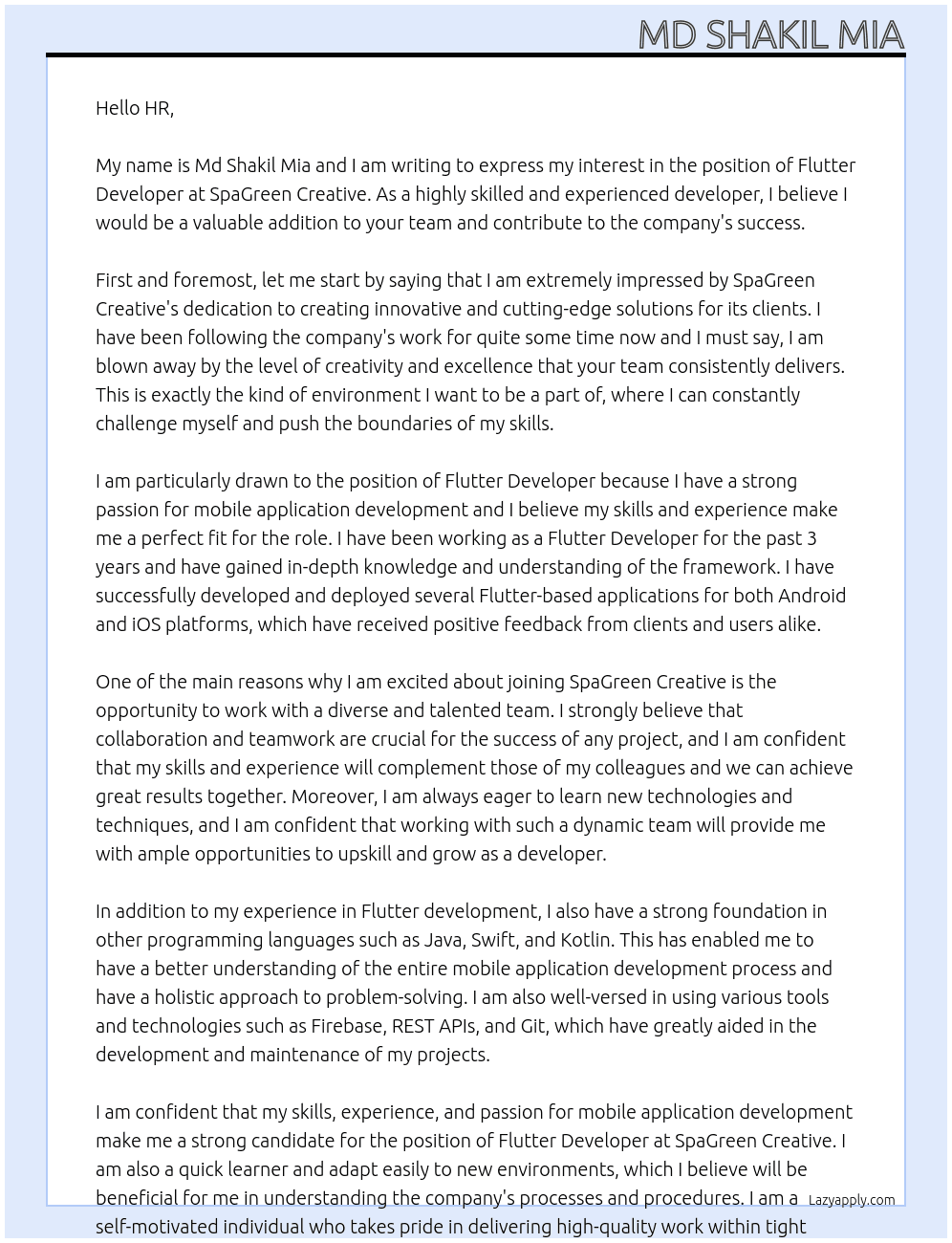 Flutter Devoloper At SpaGreen Creative Cover Letter